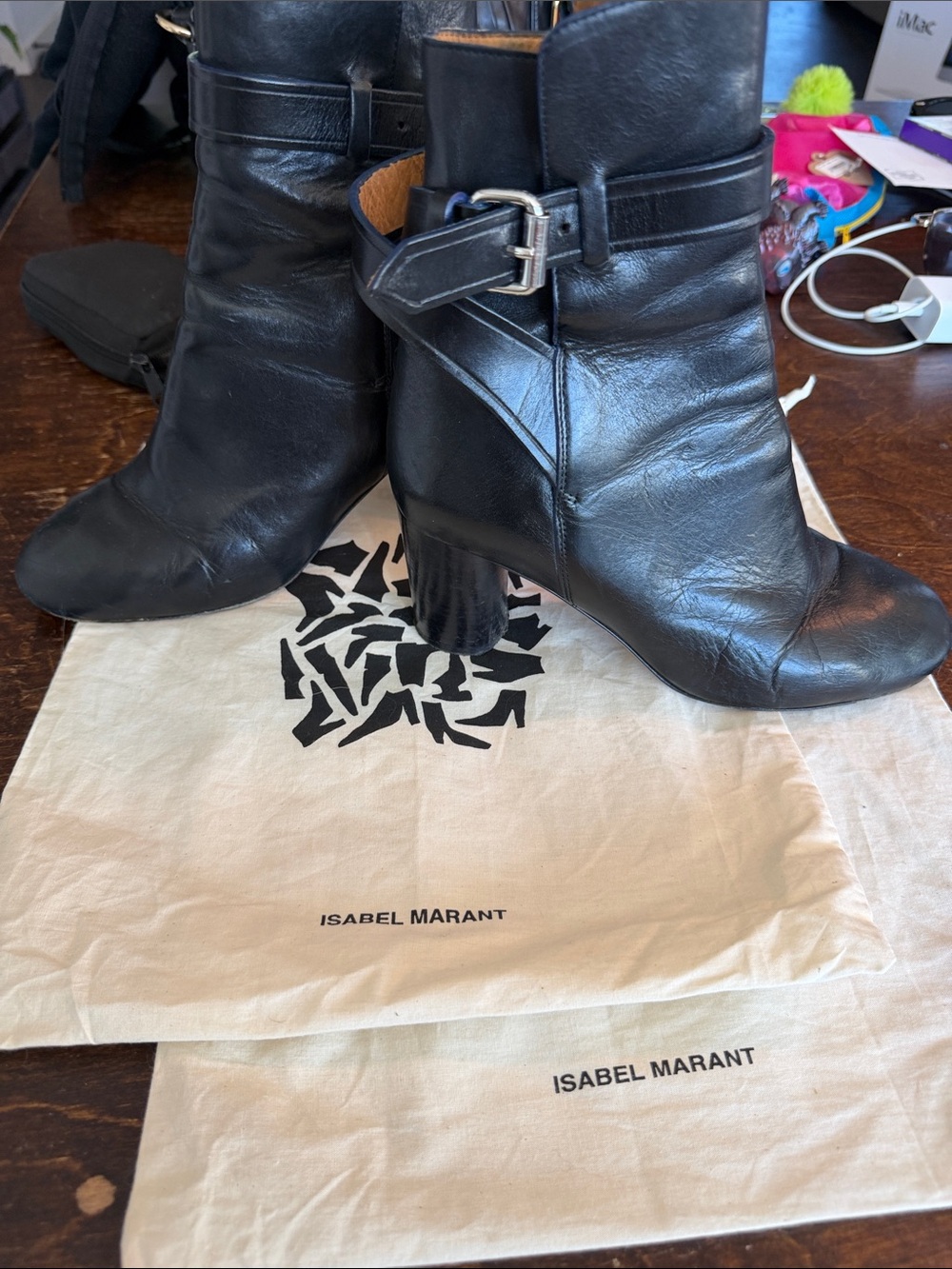 Isabel Marant Black Leather Mid-Calf Buckle Heeled Boots